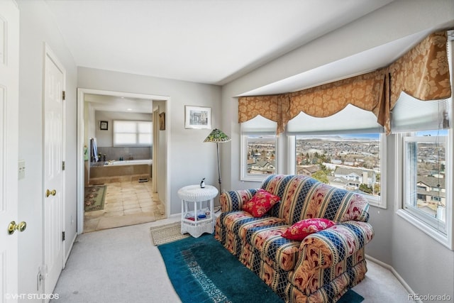 sitting room featuring carpet and baseboards