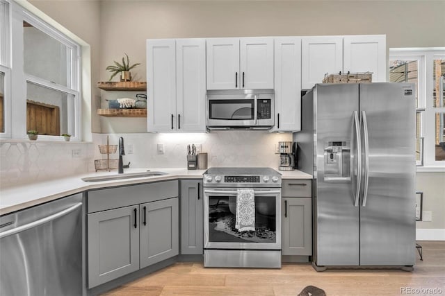 3219 W 19th Ave Unit 4, Denver, CO 80204 - kitchen with appliances with stainless steel finishes, gray cabinets, a sink, open shelves, and light countertops
