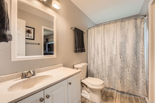 19196 E Kansas Dr, Aurora, CO 80017 - bathroom with wood finished floors, vanity, and curtained shower