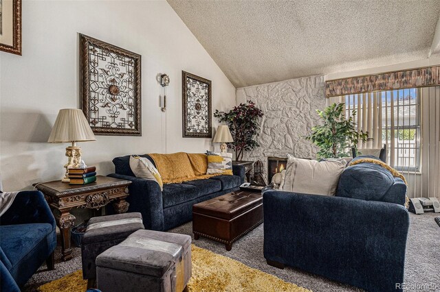 2813 S Xanadu Way, Aurora, CO 80014 - living area with carpet floors, a textured ceiling, and vaulted ceiling