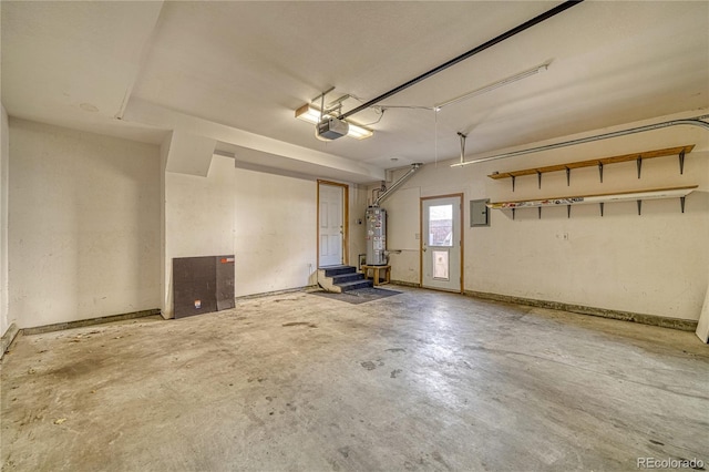 garage with water heater, a garage door opener, and electric panel