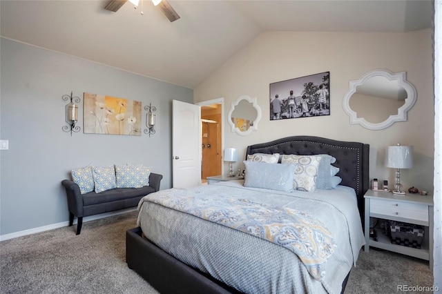 carpeted bedroom with vaulted ceiling, baseboards, and ceiling fan