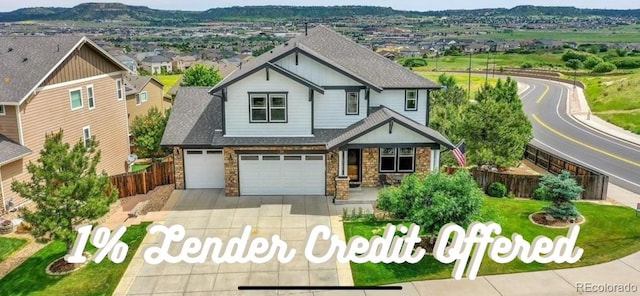 2314 Fairway Wood Cir, Castle Rock, CO 80109 - craftsman-style house with driveway, a porch, stone siding, a garage, and roof with shingles