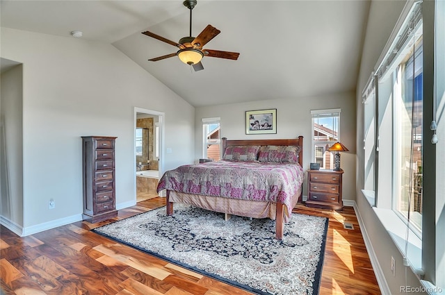 2314 Fairway Wood Cir, Castle Rock, CO 80109 - bedroom with wood finished floors, high vaulted ceiling, baseboards, connected bathroom, and a ceiling fan