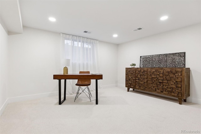 office with recessed lighting, baseboards, visible vents, and carpet flooring