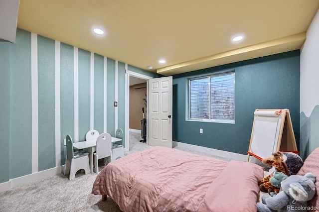 bedroom with carpet floors, recessed lighting, and baseboards