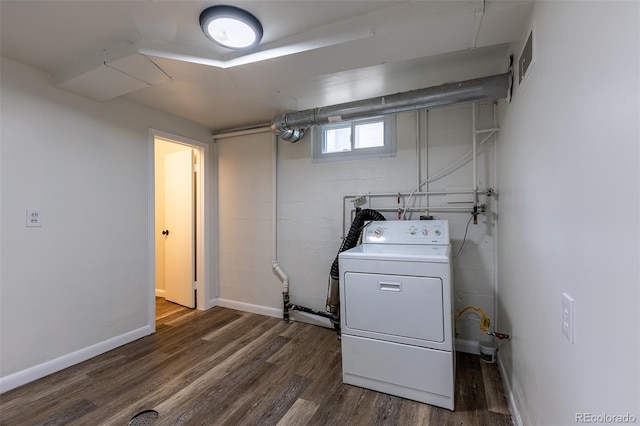 3256 S Ogden St, Englewood, CO 80113 - laundry area with washer / dryer, dark wood finished floors, and baseboards