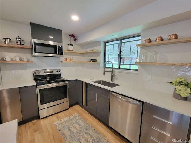 315 E 112th Dr, Northglenn, CO 80233 - kitchen featuring appliances with stainless steel finishes, open shelves, a sink, modern cabinets, and light countertops