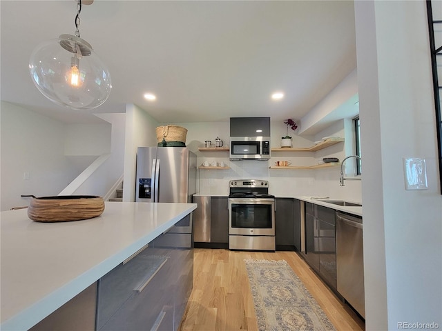 315 E 112th Dr, Northglenn, CO 80233 - kitchen featuring appliances with stainless steel finishes, open shelves, gray cabinetry, a sink, and modern cabinets