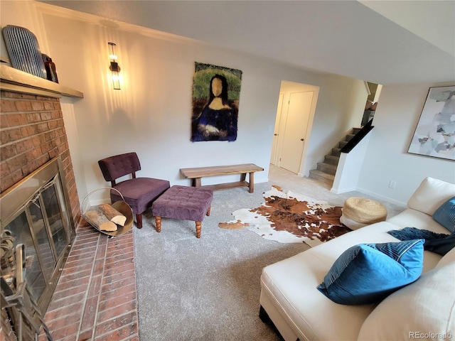 315 E 112th Dr, Northglenn, CO 80233 - carpeted living area with stairway, a fireplace, and baseboards