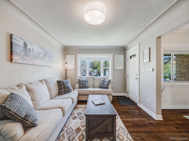 living area with baseboards, dark wood finished floors, and a healthy amount of sunlight