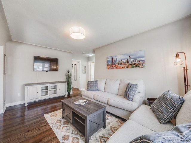 living room featuring baseboards and dark wood-type flooring