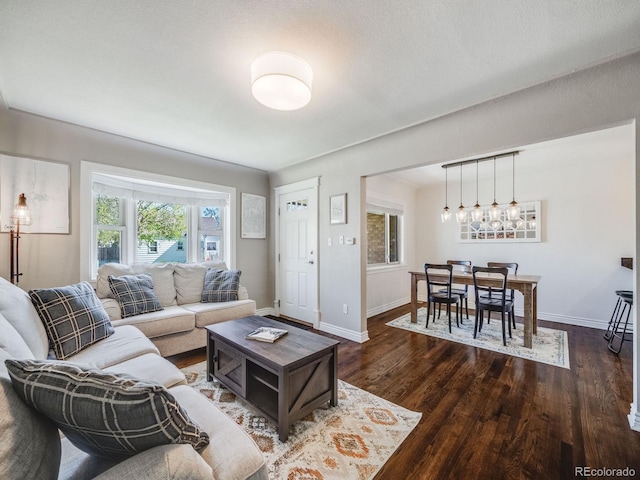 living area with baseboards and dark wood-type flooring