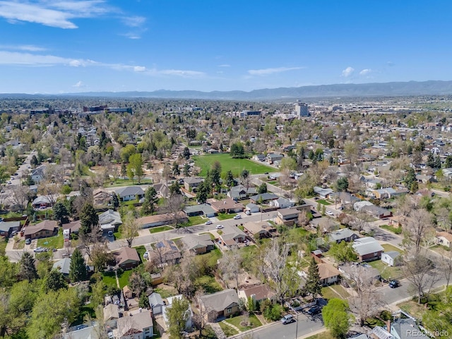 aerial view featuring a residential view and a mountain view