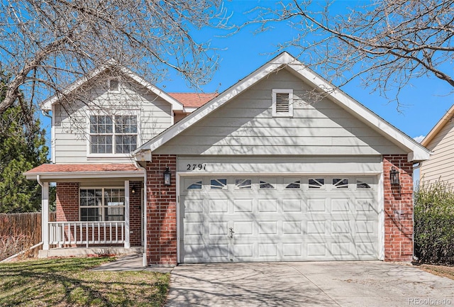 view of front of home featuring brick siding, a garage, concrete driveway, and a porch