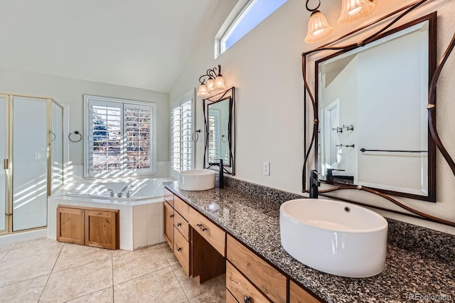 full bath with tile patterned flooring, a healthy amount of sunlight, a stall shower, and a sink