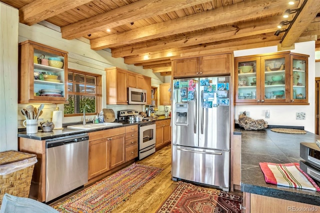 kitchen featuring beamed ceiling, wood ceiling, wood-type flooring, sink, and appliances with stainless steel finishes