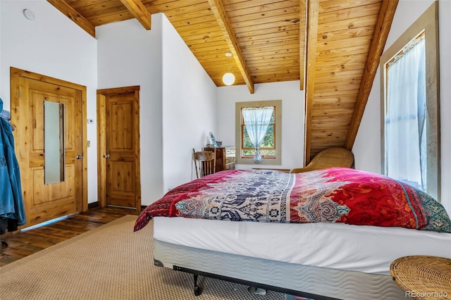 bedroom featuring wooden ceiling, hardwood / wood-style floors, and vaulted ceiling with beams