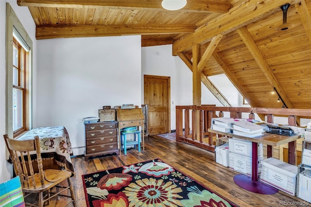 interior space featuring lofted ceiling with beams, dark wood-type flooring, baseboard heating, and wood ceiling