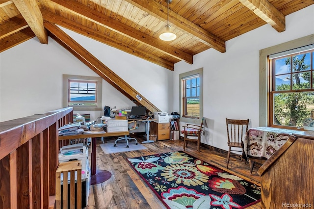 home office featuring vaulted ceiling with beams, hardwood / wood-style floors, and wooden ceiling