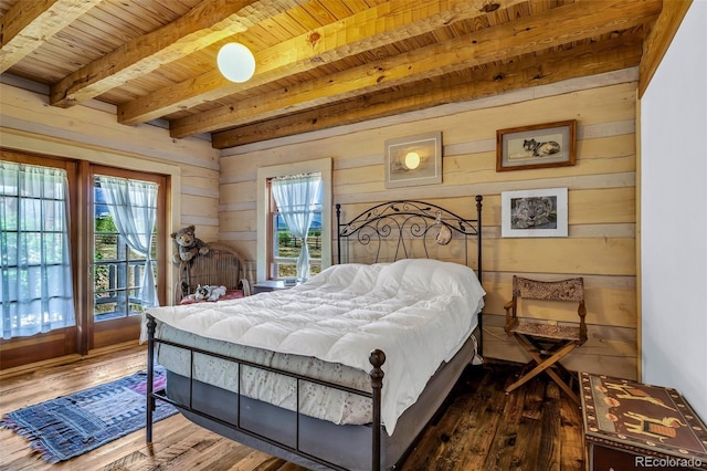 bedroom with wooden ceiling, hardwood / wood-style flooring, and access to exterior