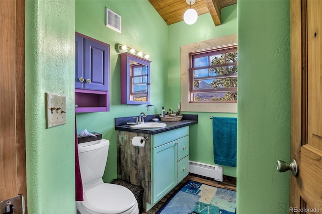 bathroom featuring vanity, wooden ceiling, hardwood / wood-style floors, toilet, and baseboard heating