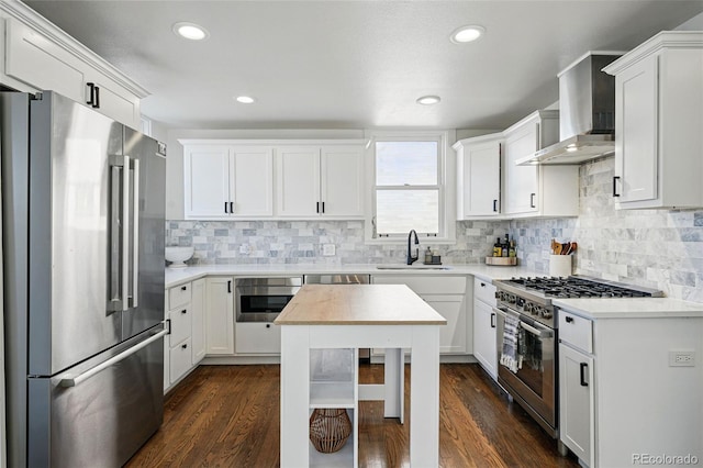 kitchen featuring a sink, wall chimney range hood, light countertops, appliances with stainless steel finishes, and decorative backsplash