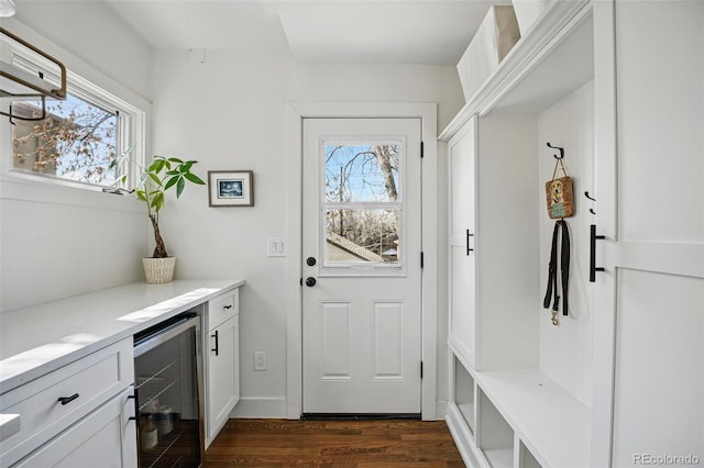 mudroom with wine cooler and dark wood-style flooring