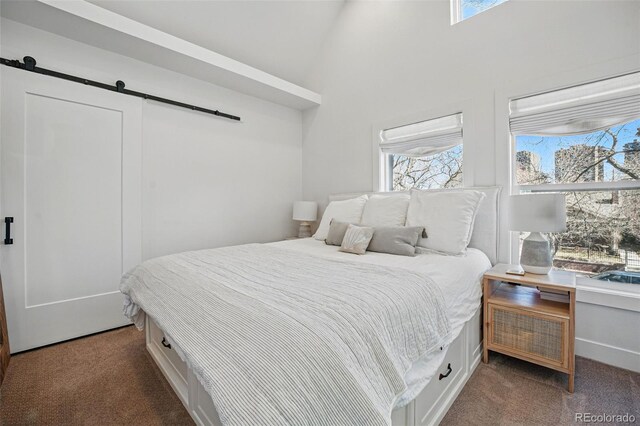 carpeted bedroom featuring a towering ceiling, multiple windows, and a barn door
