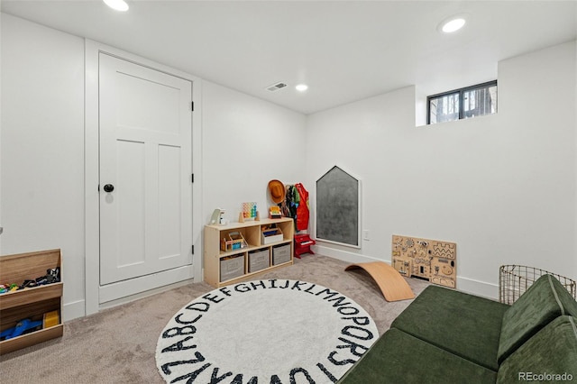 playroom with recessed lighting, visible vents, and carpet floors