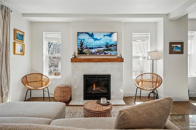 living area featuring wood finished floors, a fireplace, and baseboards