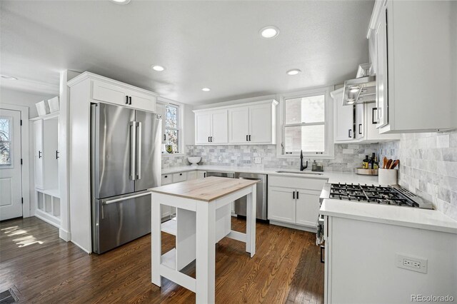 kitchen with stainless steel appliances, light countertops, a sink, and backsplash