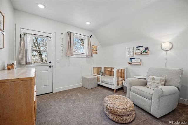 sitting room with carpet flooring, baseboards, lofted ceiling, and recessed lighting