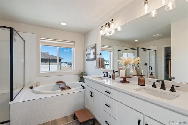 full bathroom featuring a healthy amount of sunlight, a sink, and a shower stall