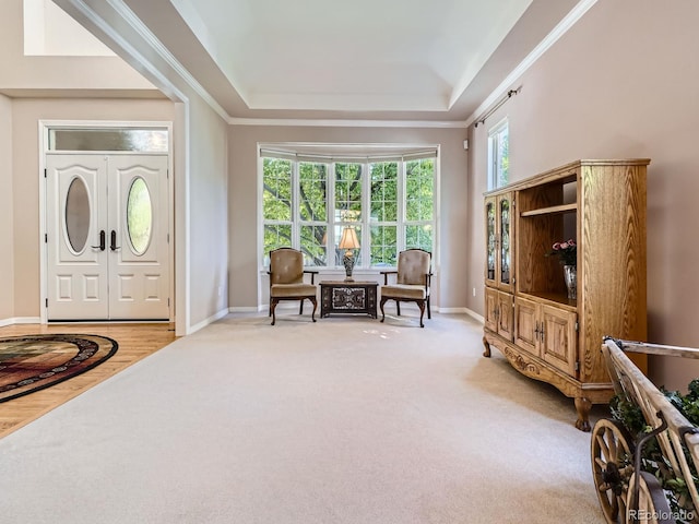 6577 S Waco Way, Aurora, CO 80016 - entryway with a tray ceiling, light carpet, and ornamental molding