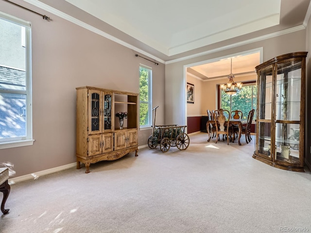 6577 S Waco Way, Aurora, CO 80016 - sitting room with a tray ceiling, a chandelier, carpet floors, and ornamental molding