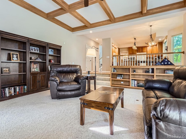 6577 S Waco Way, Aurora, CO 80016 - living room with coffered ceiling, carpet, beamed ceiling, a chandelier, and recessed lighting