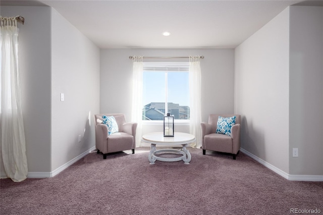 living area featuring carpet floors and baseboards