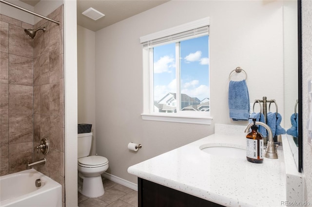 full bathroom featuring toilet, shower / bath combination, vanity, visible vents, and tile patterned floors