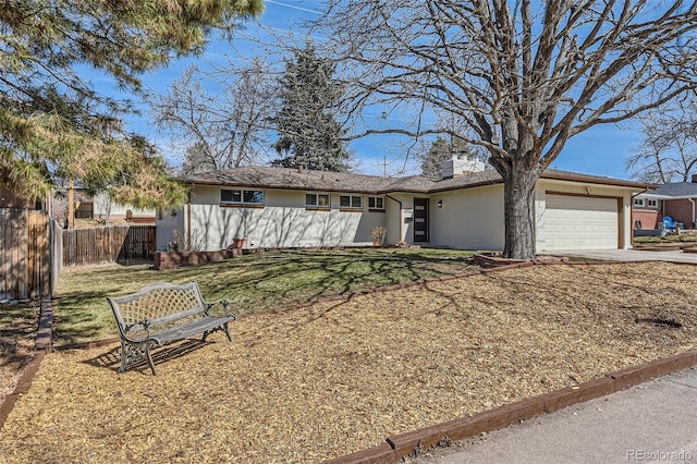 single story home with fence, concrete driveway, stucco siding, a chimney, and an attached garage