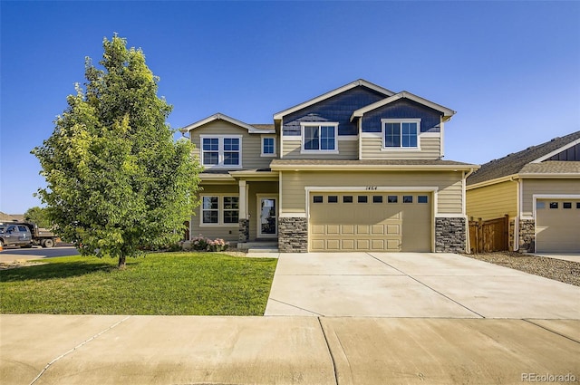 1464 Moraine Valley Dr, Severance, CO 80550 - craftsman inspired home featuring stone siding, driveway, and a garage