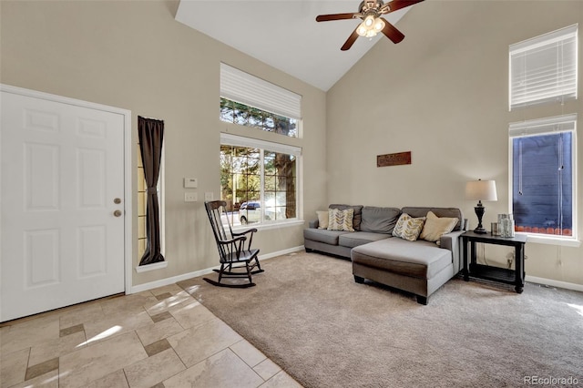5415 Spruce Ave, Castle Rock, CO 80104 - carpeted living area with high vaulted ceiling and ceiling fan
