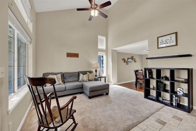 5415 Spruce Ave, Castle Rock, CO 80104 - living room with high vaulted ceiling and a ceiling fan
