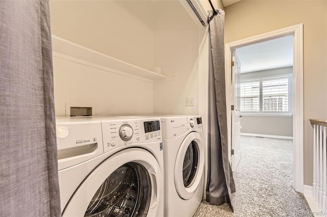 10311 Belvedere Ln, Lone Tree, CO 80124 - laundry room with independent washer and dryer, carpet floors, and baseboards