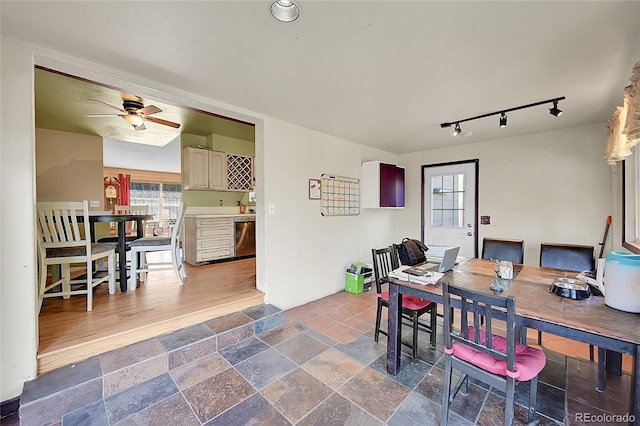 dining area featuring hardwood / wood-style floors, track lighting, a healthy amount of sunlight, and ceiling fan