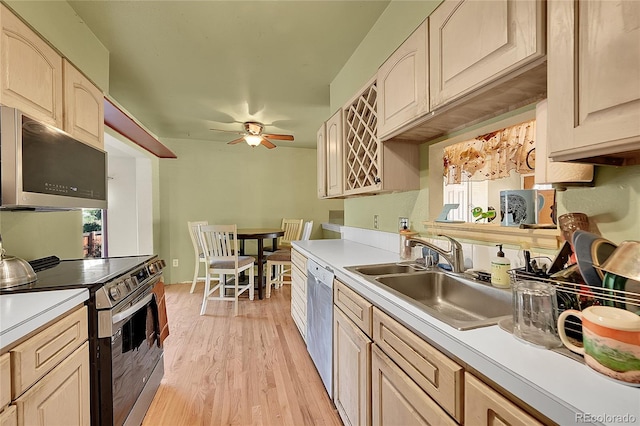 kitchen featuring light hardwood / wood-style floors, a healthy amount of sunlight, appliances with stainless steel finishes, and sink