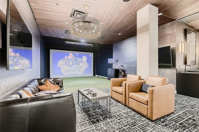 home theater room with golf simulator and wood ceiling