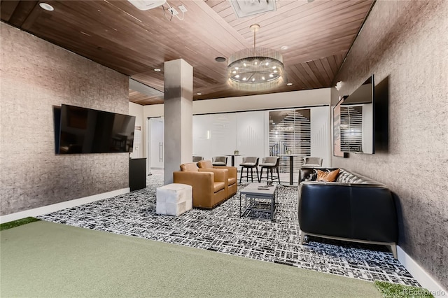 living room featuring carpet and wood ceiling