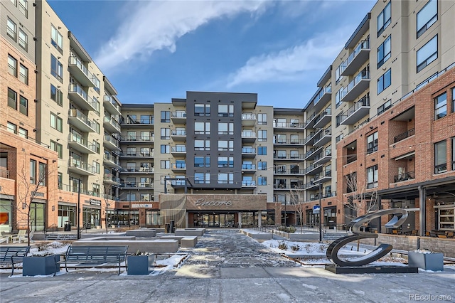 view of snow covered building