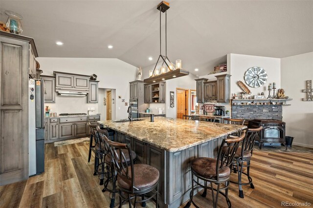 kitchen featuring lofted ceiling, a wood stove, a large island, dark wood-type flooring, and stainless steel appliances